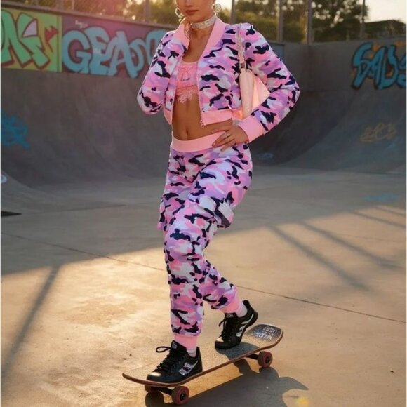 Snowflake Cadet Camo Zip-Up Crop Sweatshirt in Pink & Purple by Sugar Thrillz S - Picture 2 of 7